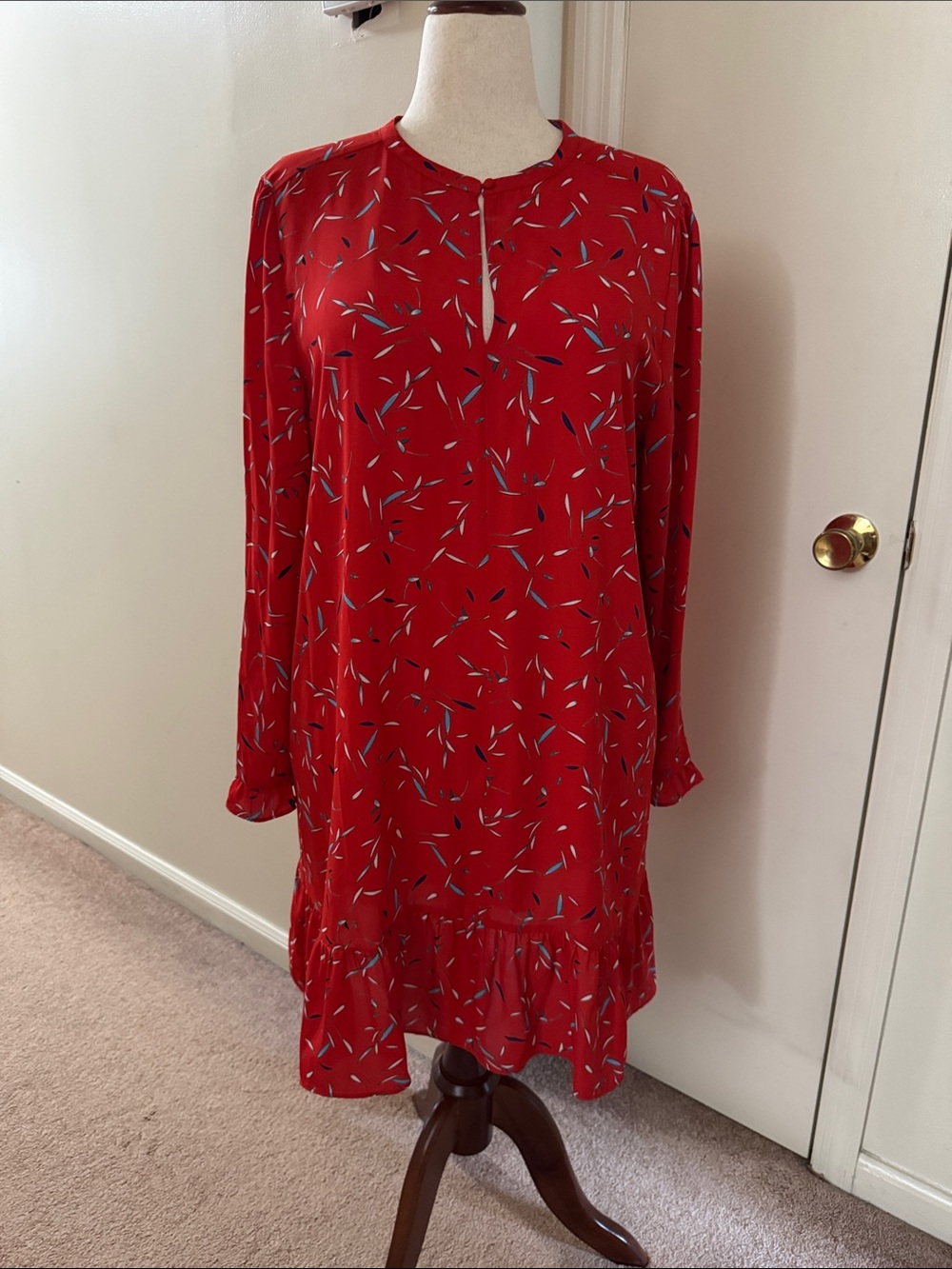Banana Republic Red Printed Long Sleeve Ruffle-Hem Dress